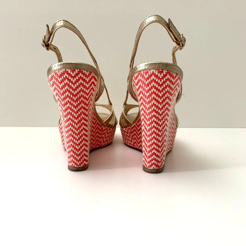 New‎ Lilly Pulitzer Sophie Gold Metallic Leather Raffia Wedge Platform Sandals 6